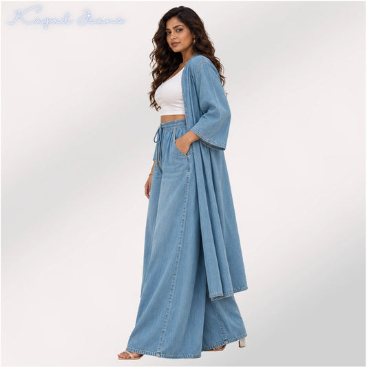 Women’s Vintage Washed Denim Co-ord Set with Shrug & Palazzo - KGDJNS-404088