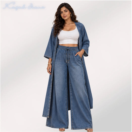 Women’s Vintage Washed Denim Co-ord Set with Shrug & Palazzo - KGDJNS-404089