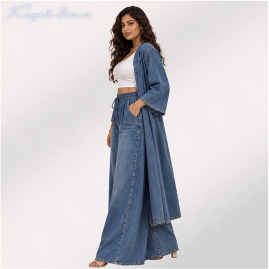 Women’s Vintage Washed Denim Co-ord Set with Shrug & Palazzo - KGDJNS-404089