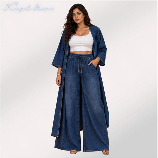 Women’s Vintage Washed Denim Co-ord Set with Shrug & Palazzo - KGDJNS-404090