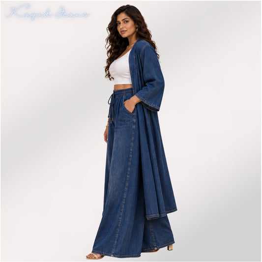 Women’s Vintage Washed Denim Co-ord Set with Shrug & Palazzo - KGDJNS-404090