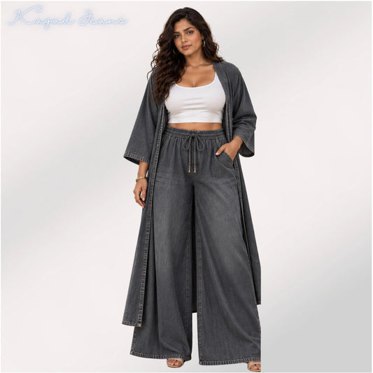 Women’s Vintage Washed Denim Co-ord Set with Shrug & Palazzo - KGDJNS-404091