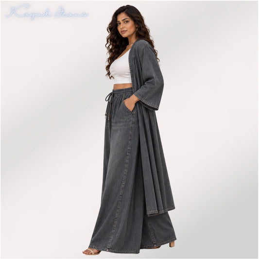 Women’s Vintage Washed Denim Co-ord Set with Shrug & Palazzo - KGDJNS-404091