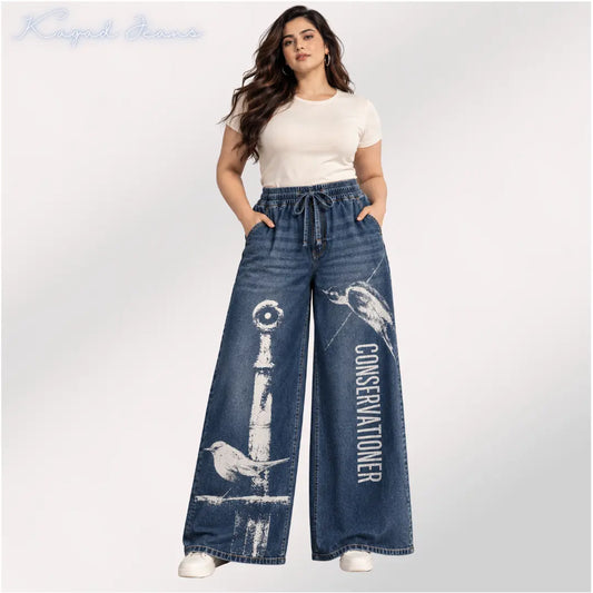 Women's high rise elasticated waist loose straight fit Printed Jeans - KGDJNS-404092
