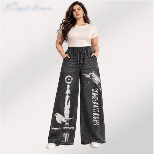 Women's high rise elasticated waist loose straight fit Printed Jeans - KGDJNS-404093