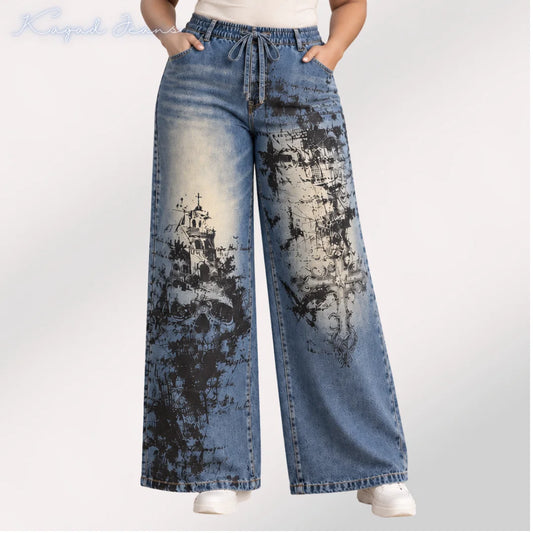 Women's high rise elasticated waist loose straight fit Printed Jeans - KGDJNS-404094
