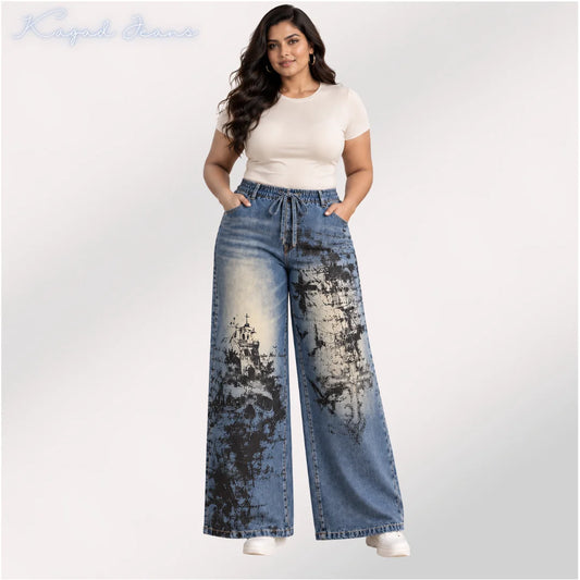 Women's high rise elasticated waist loose straight fit Printed Jeans - KGDJNS-404094