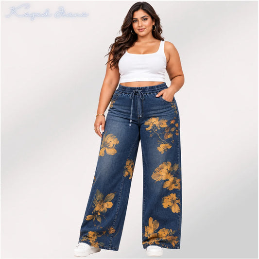 Women's high rise elasticated waist loose straight fit Printed Jeans - KGDJNS-404095